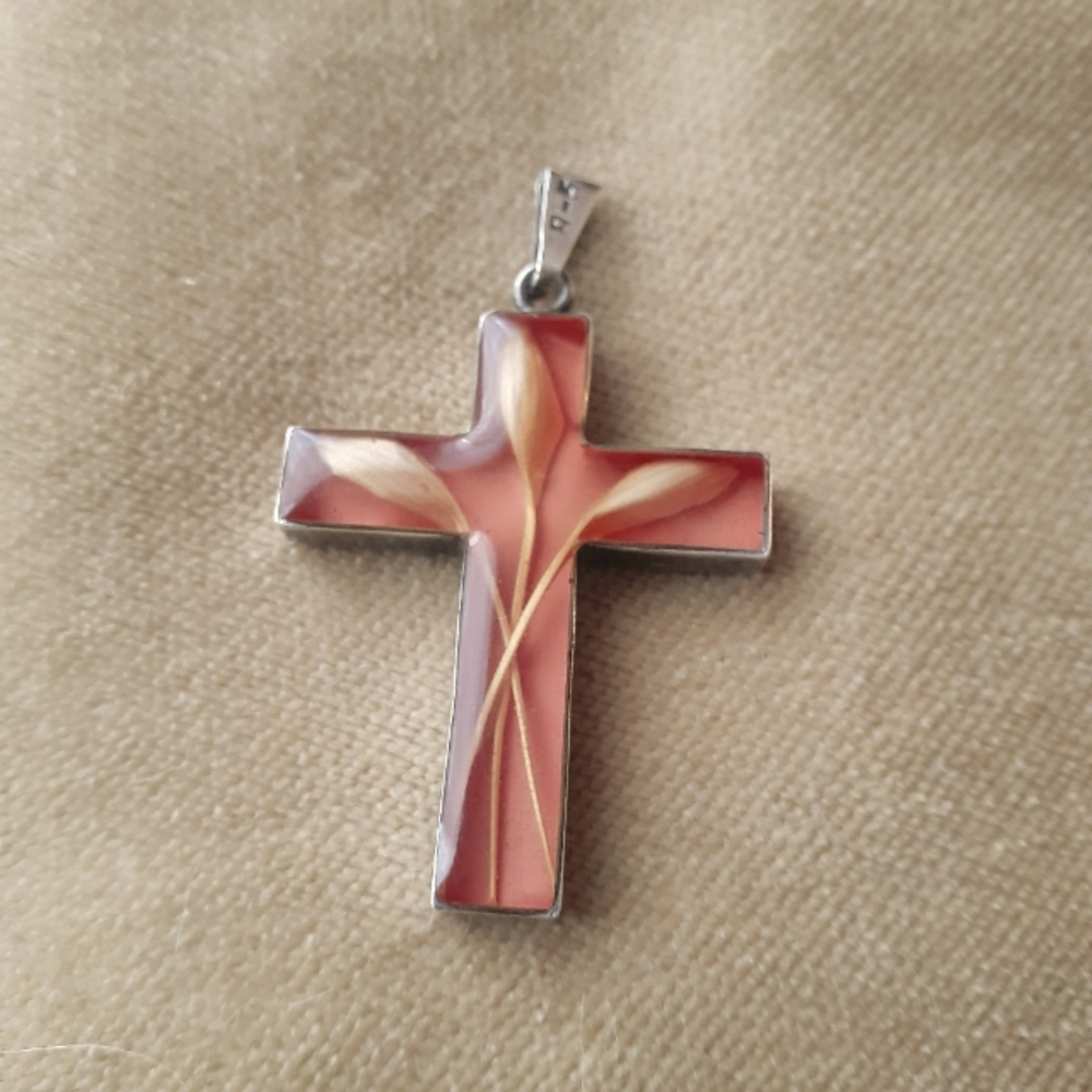 Sterling Cross Pendant with wheat in resin on pink